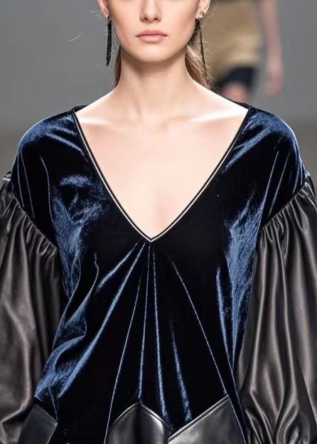 Dark Blue Asymmetrical Patchwork Faux Leather Silk Velour Tops Fall