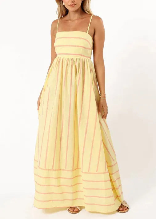 Pink Striped Patchwork Cotton Spaghetti Strap Dress Summer