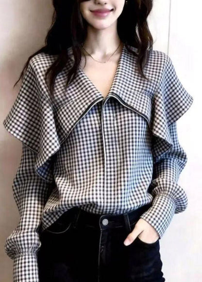 Organic Black White Plaid Peter Pan Collar Shirts Spring