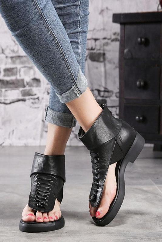 Soft Leather Low Heels Brand Summer Shoes Genuine Leather Sandals Handmade Rome Shoe