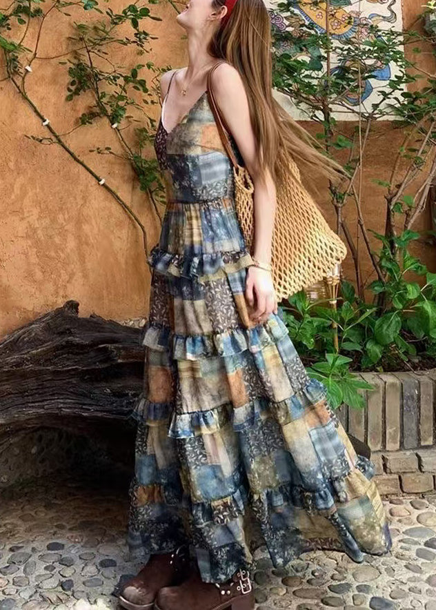 Plaid Print Ruffled Patchwork Cotton Spaghetti Strap Dress Sleeveless