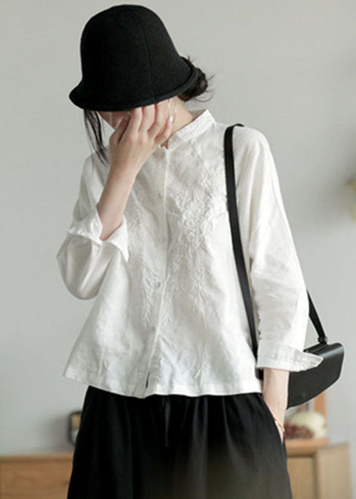 Handmade White Stand Collar Embroidered Cotton Shirts Spring