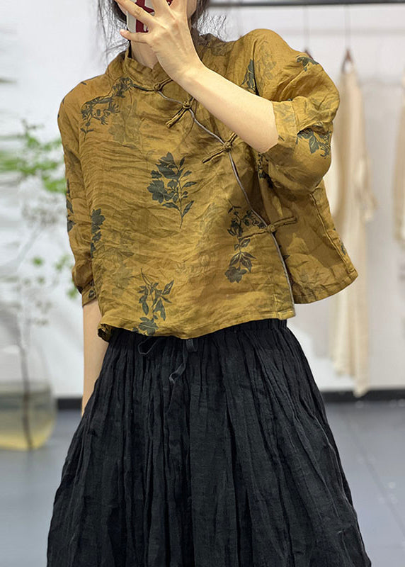 Yellow Stand Collar Print Linen Top Bracelet Sleeve