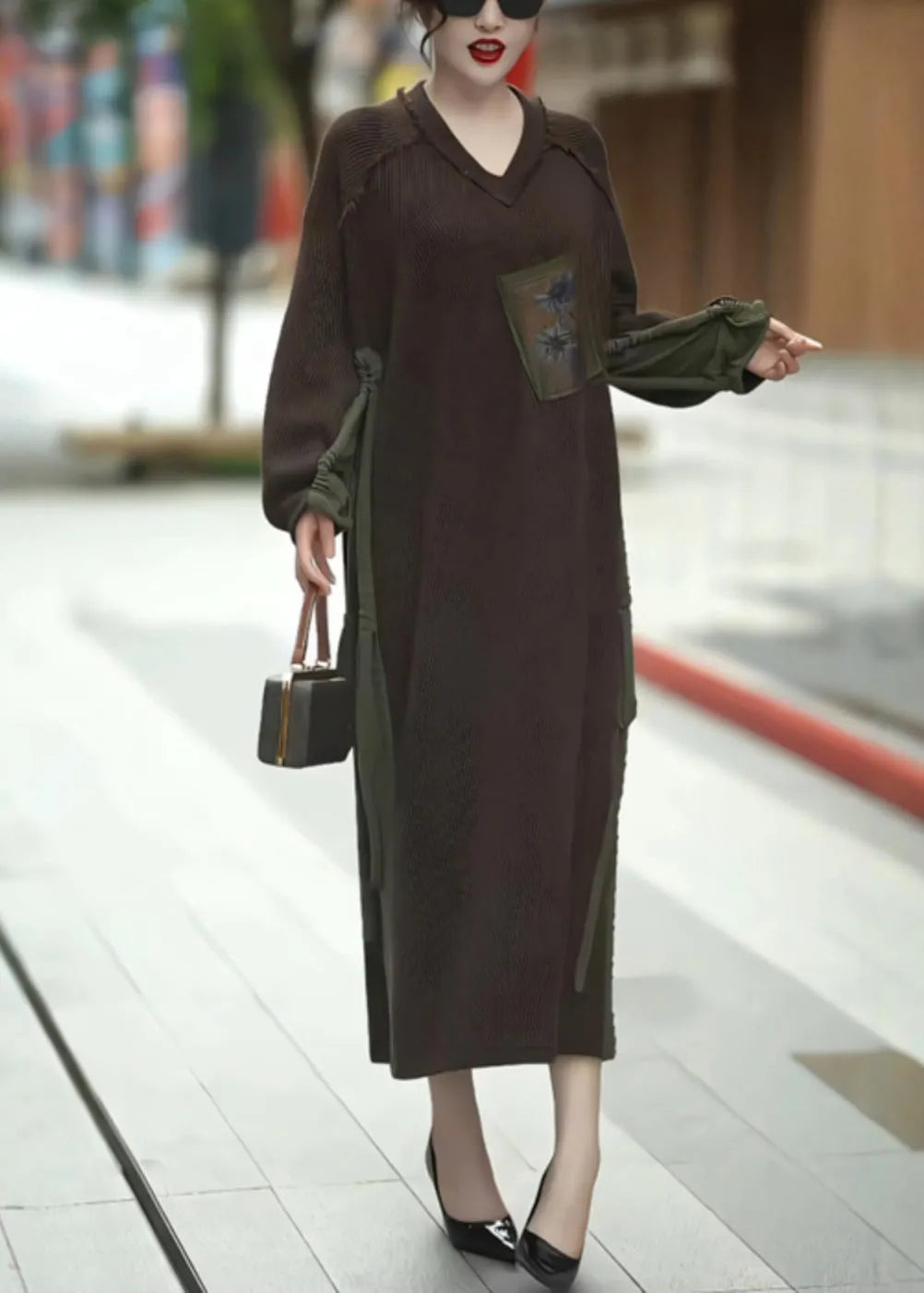 Loose Coffee Lace Up Patchwork Knit Long Dress Winter