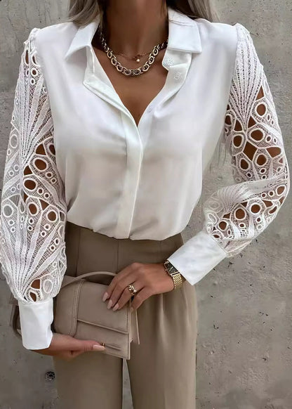Style White Hollow Out Lace Patchwork Chiffon Shirt Tops Fall