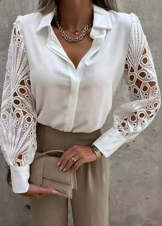 Style White Hollow Out Lace Patchwork Chiffon Shirt Tops Fall
