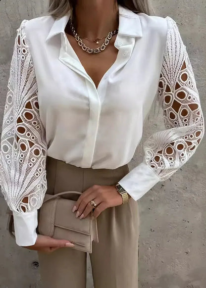 Style White Hollow Out Lace Patchwork Chiffon Shirt Tops Fall
