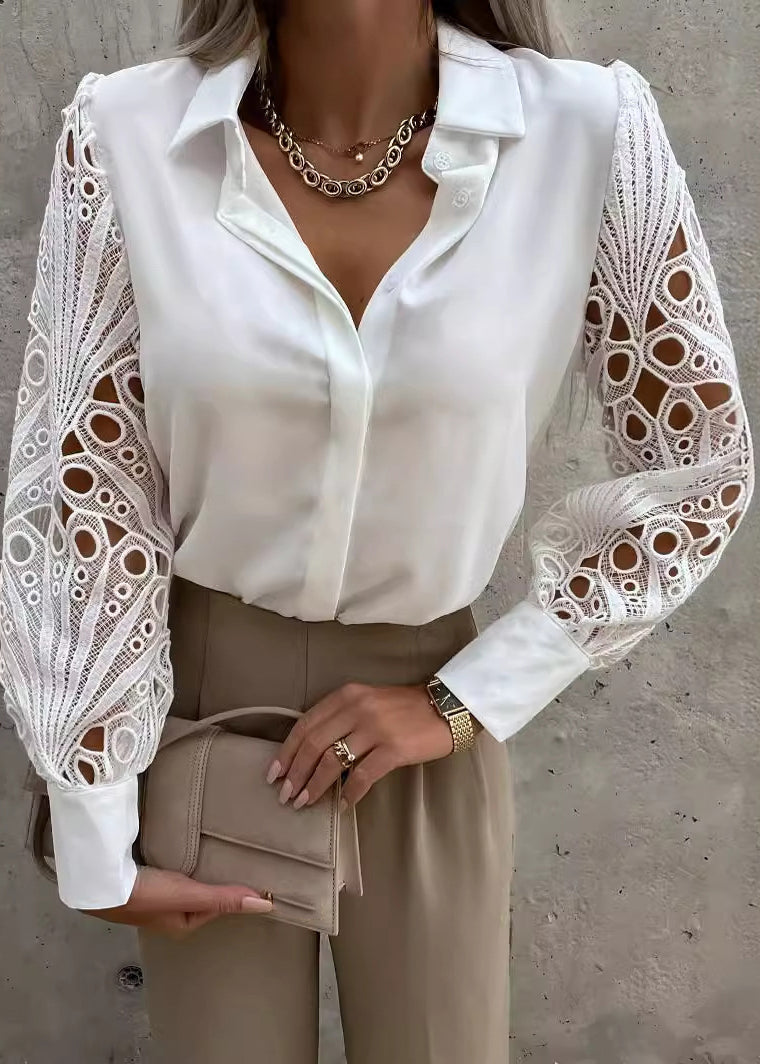 Style White Hollow Out Lace Patchwork Chiffon Shirt Tops Fall
