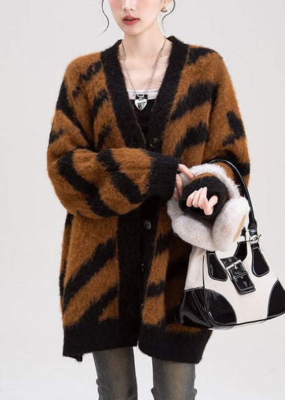 Coffee V Neck Striped Button Knit Cardigans Fall
