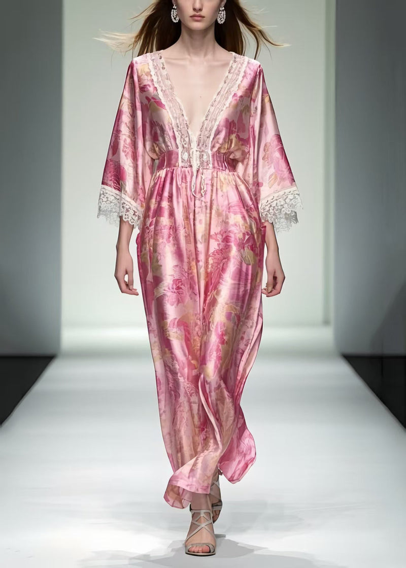 Pink Print Patchwork Lace Robe Dresses Summer