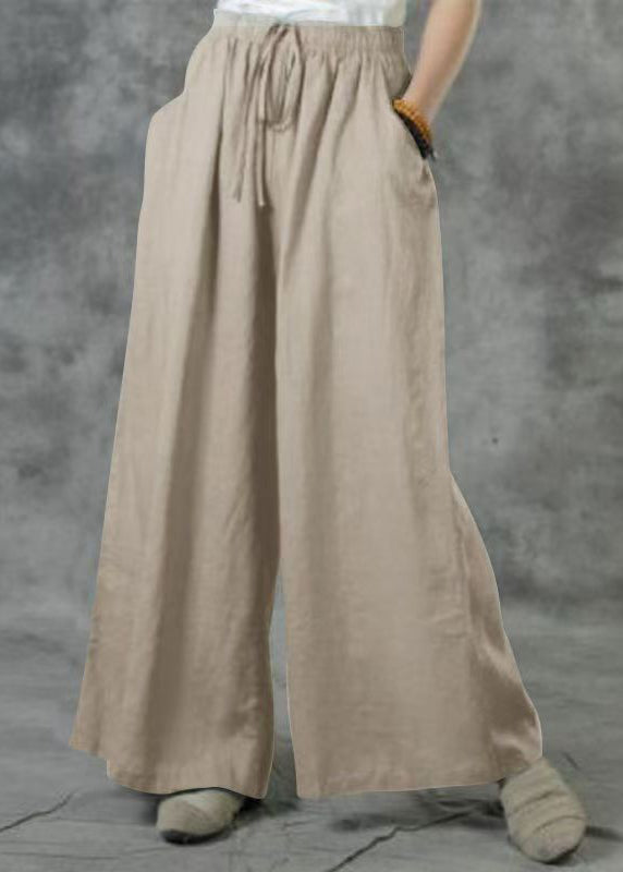 Khaki Elastic Waist Pockets Wide Leg Pants Summer