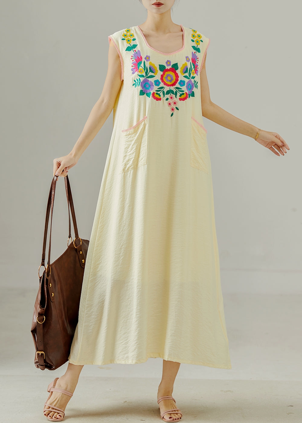 Apricot Embroidered Cotton Long Dress Sleeveless