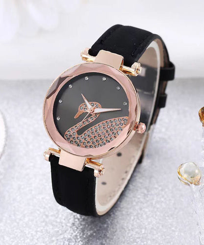 Stylish Black Leather Zircon Swan Starry Sky Watches