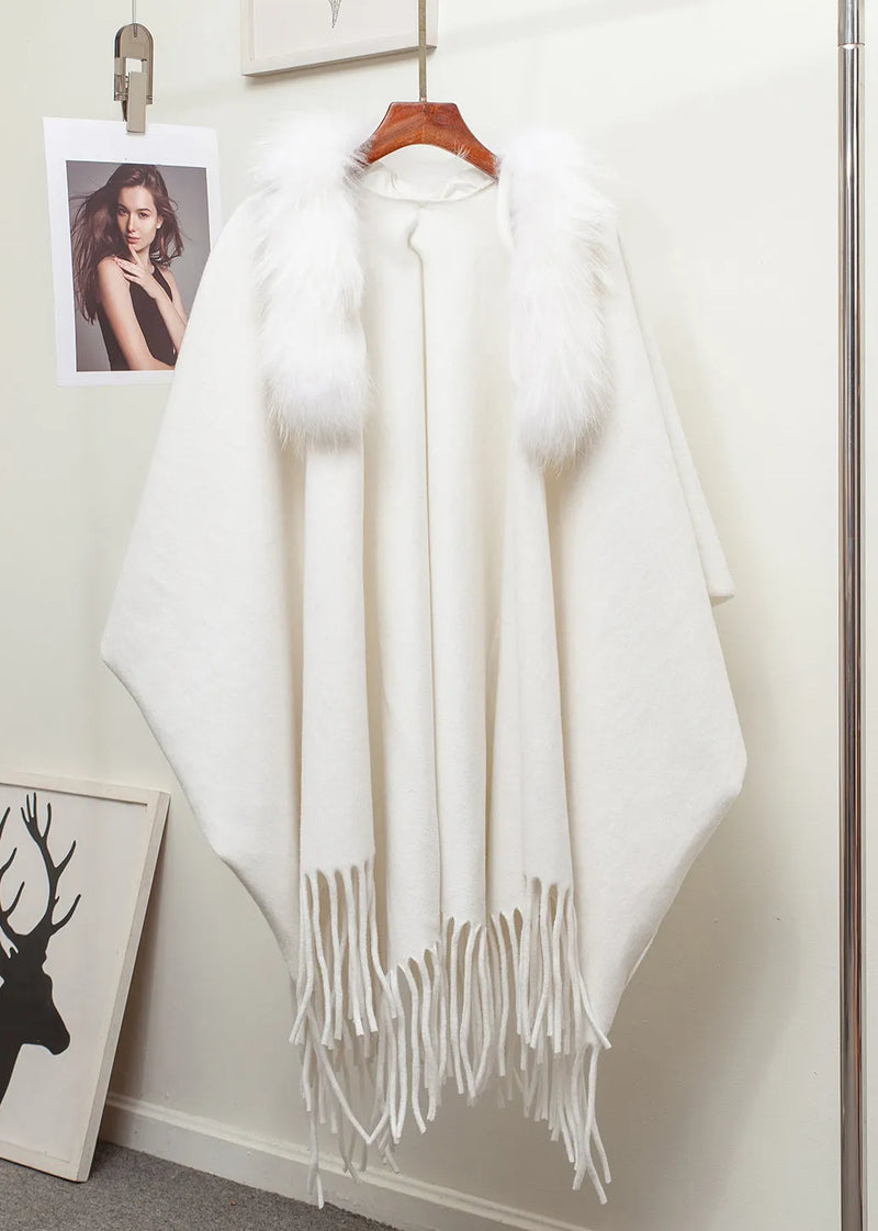 New Khaki Fur Collar Tasseled Patchwork Knit Cape Cardigan Winter