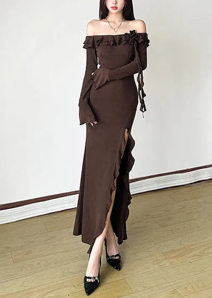 Silm Fit Brown Slash Neck Side Open Knit Party Dresses Spring