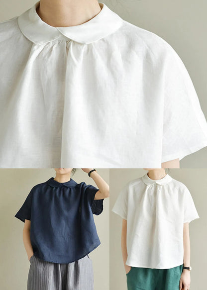 Simple White-flower Peter Pan Collar Linen Shirt Summer