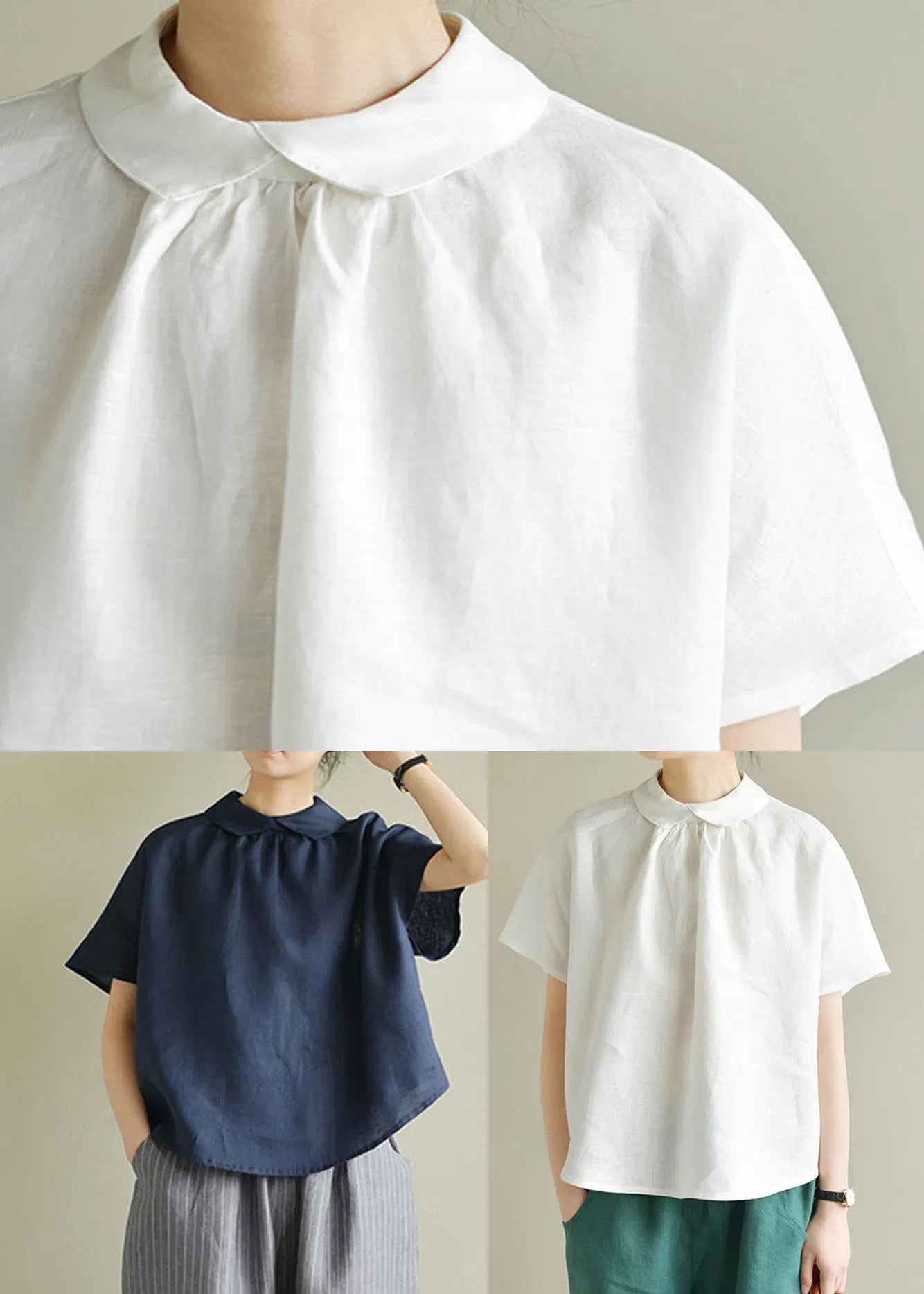 Simple Purple Peter Pan Collar Linen Shirt Summer