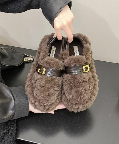 Khaki Fuzzy Fur Fluffy Splicing Platform Flat Shoes