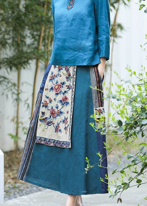 Blue Wrinkled Embroidered Pockets Patchwork Linen Skirt Summer