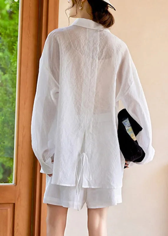 Simple White Pockets Shirts and Shorts Two Piece Suit Set Long Sleeve