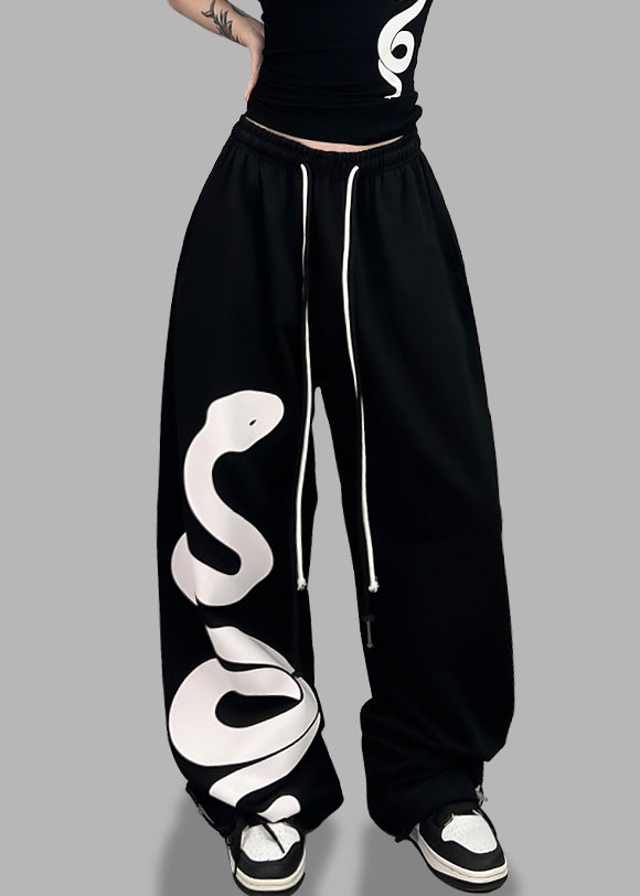 Black Print Elastic Waist Cotton Sport Pants Spring