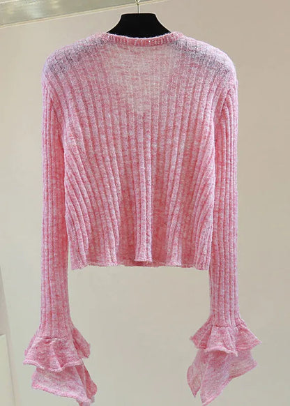 Novelty Pink Ruffled Nail Bead Cotton Knit Sweater Spring