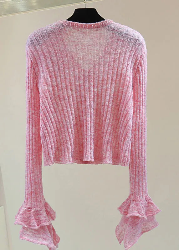 Novelty Pink Ruffled Nail Bead Cotton Knit Sweater Spring