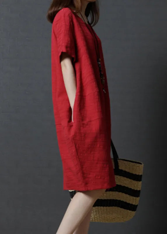 Simple Red Oversized Linen Mid Dress Summer
