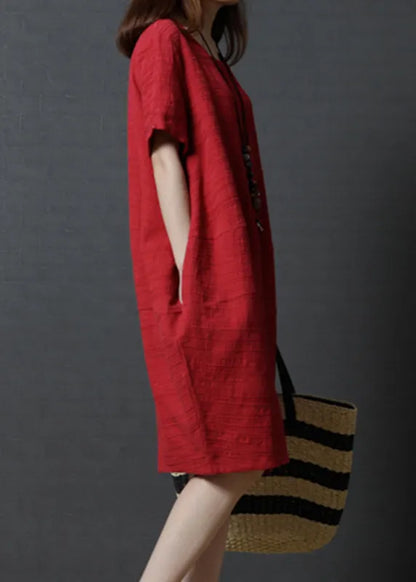Simple Red Oversized Linen Mid Dress Summer