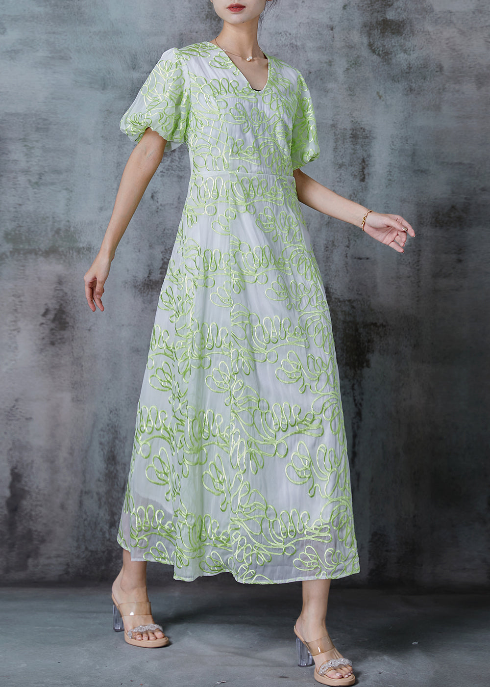 Green Embroidered Organza Robe Dresses Puff Sleeve