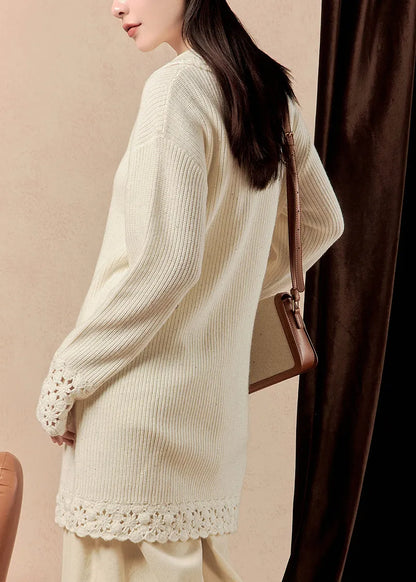 Beige Peter Pan Collar Hollow Out Knit Mid Dress Spring