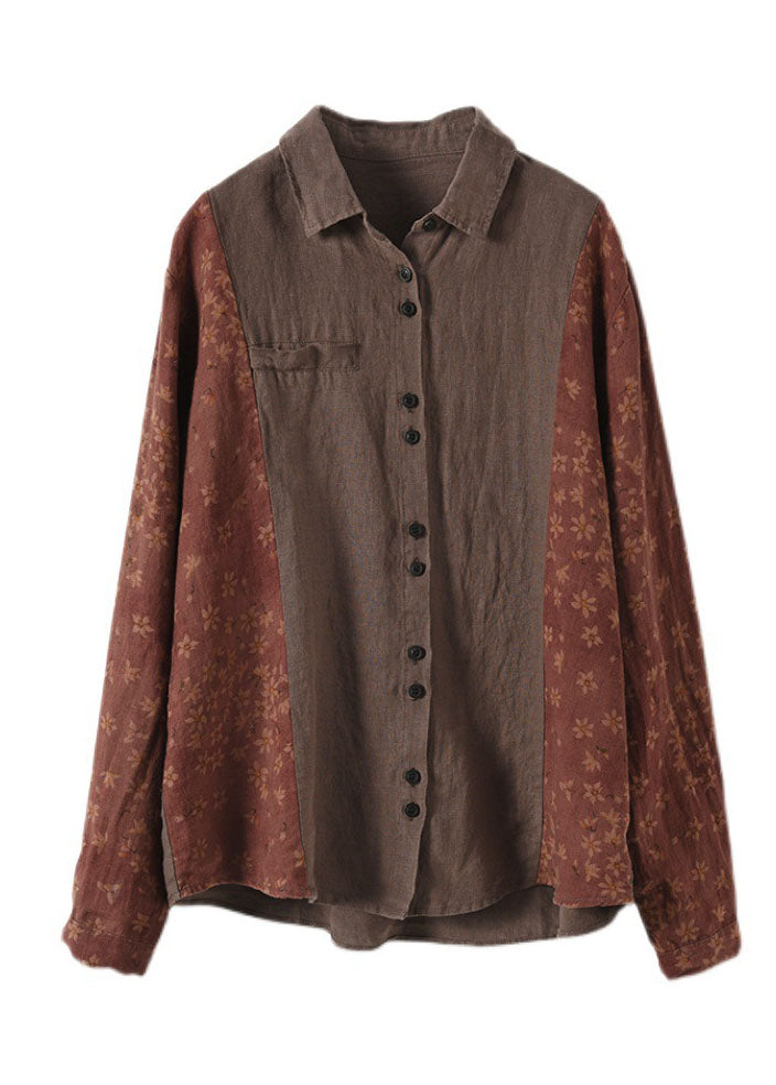 Red Peter Pan Collar Button Print Patchwork Linen Shirt Tops Long Sleeve