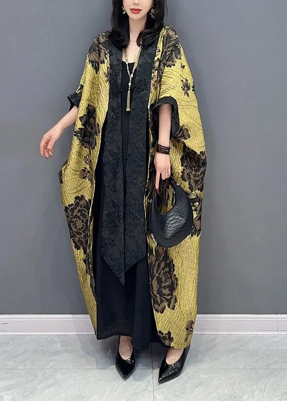 Chinese Style Yellow Patchwork Cotton Cardigan Batwing Sleeve