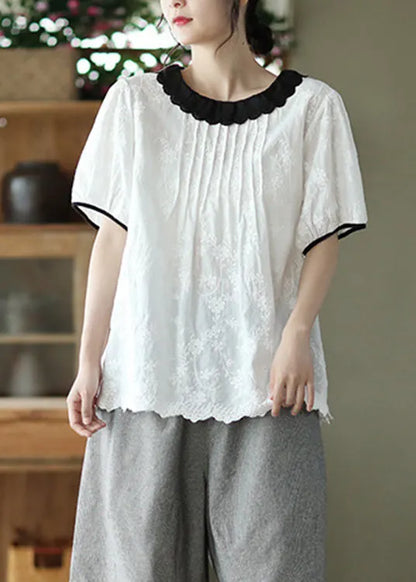 Modern White O-neck Embroidered Patchwork Wrinkled Cotton Top Short Sleeve