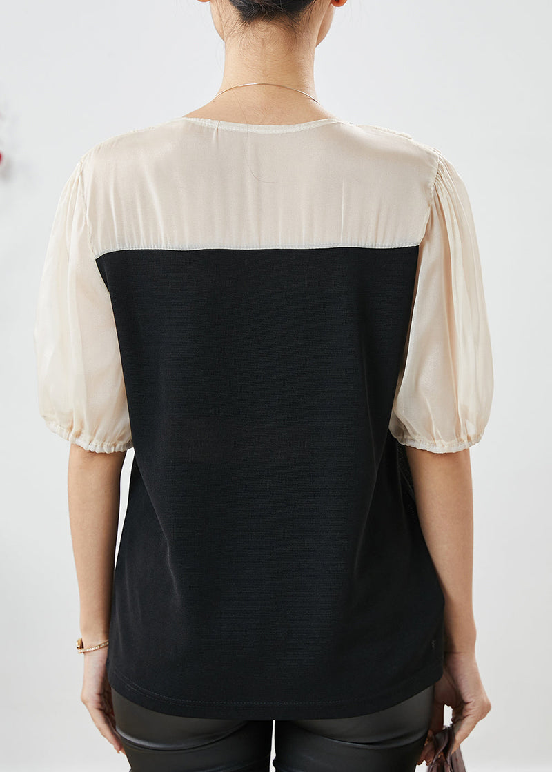Fine Black Square Collar Patchwork Spandex Shirt Summer