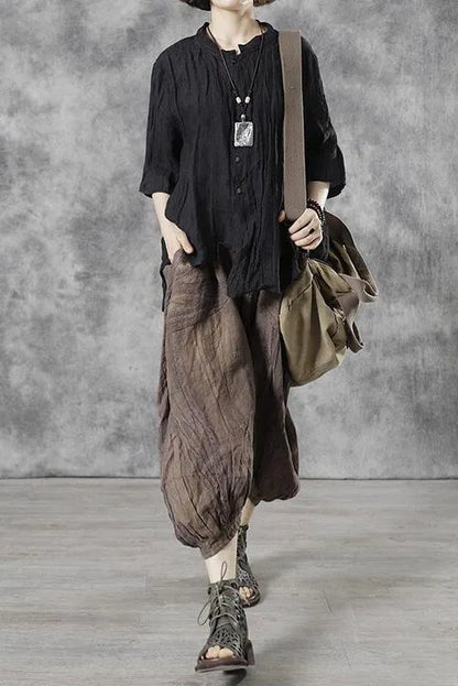 Linen Pleated Elastic Waist Pocket Lantern Pants