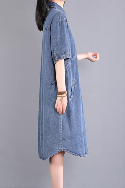 - Summer Blue Short-sleeved Dress Denim Stitching Dress