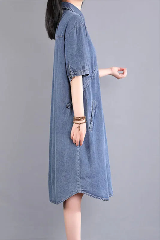 - Summer Blue Short-sleeved Dress Denim Stitching Dress