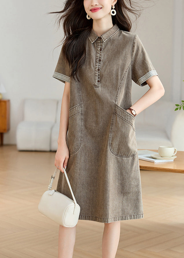 Grey Peter Pan Collar Pockets Denim Day Dresses Summer