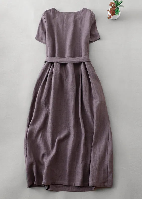 Purple O Neck Tie Waist Pockets Linen Long Dress Summer