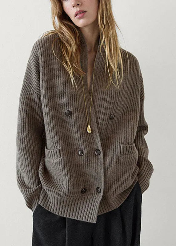 Modern Brown Notched Patchwork Knit Cardigans Fall
