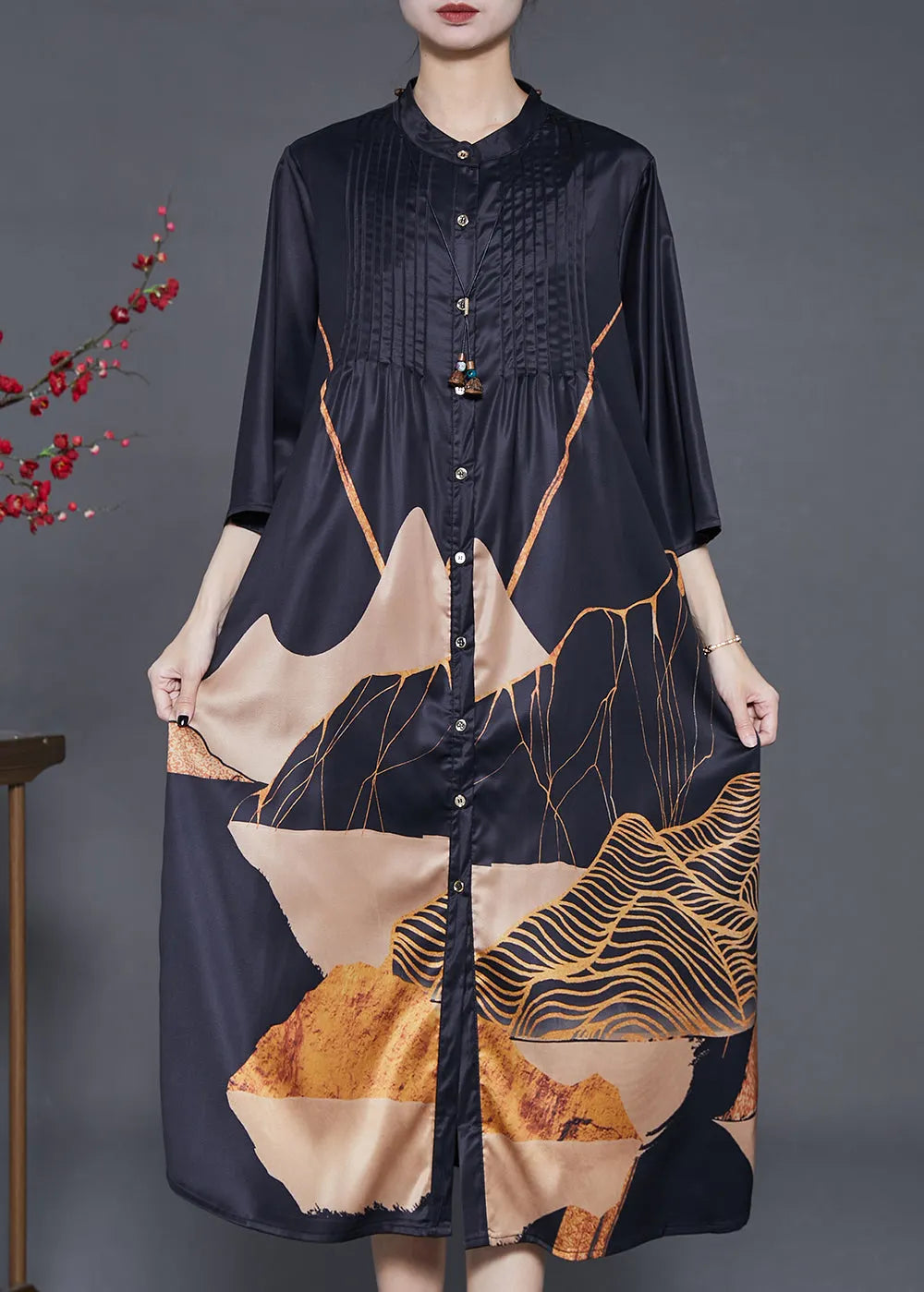 Black Print Wrinkled Silk Shirt Dress Summer