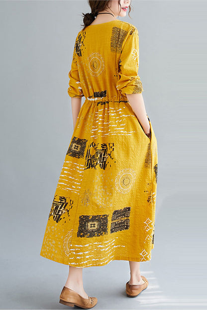 Spring Loose Cotton Linen Dress O-neck Print Dress