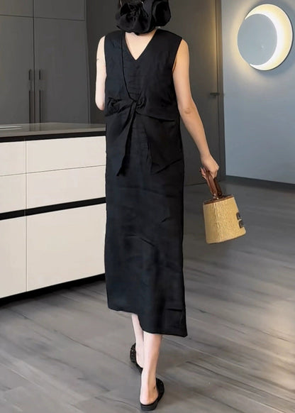 New Black V Neck Pockets Cotton Long Dress Sleeveless