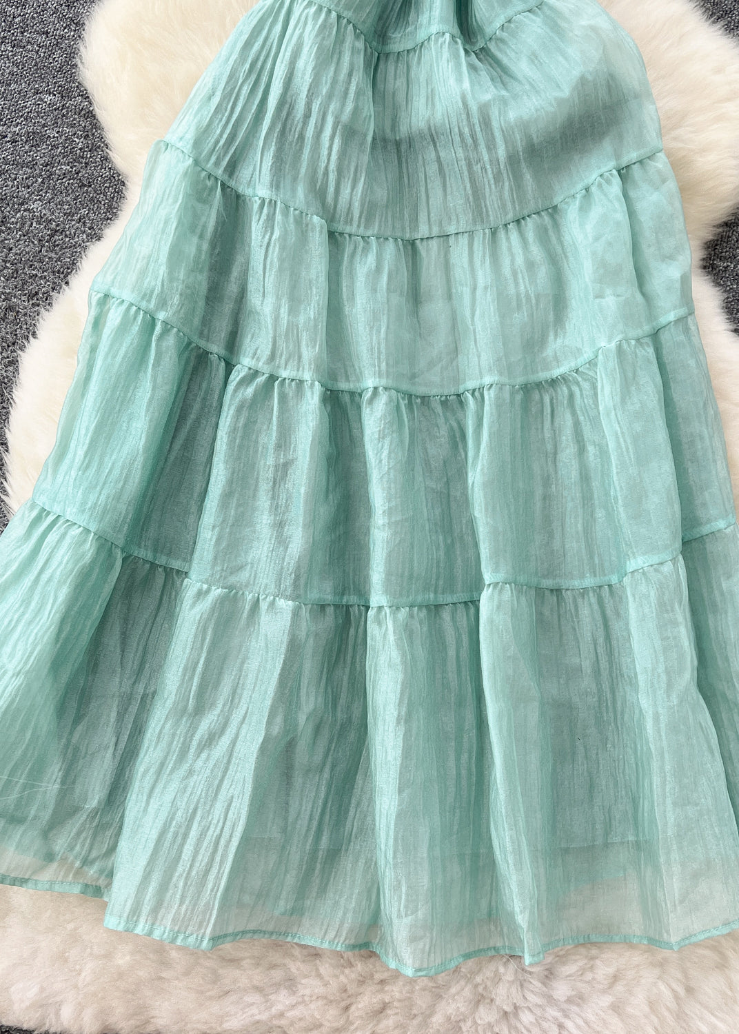 Lake Green Wrinkled Chiffon Spaghetti Strap Dress Summer