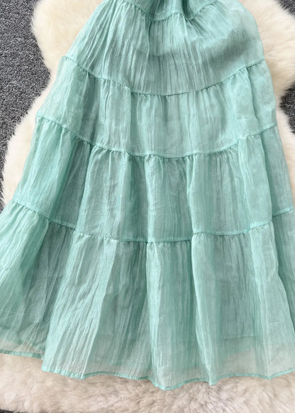 Lake Green Wrinkled Chiffon Spaghetti Strap Dress Summer