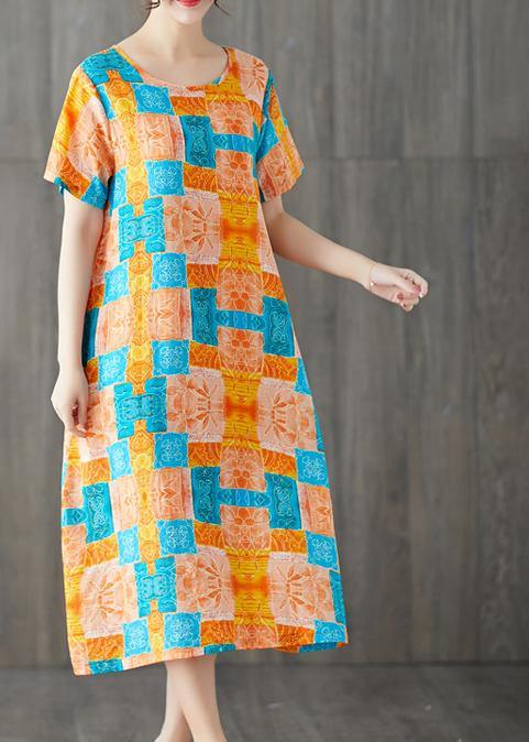 Orange Red Prints Linen Cotton Dresses O Neck Dresses Summer Dresses