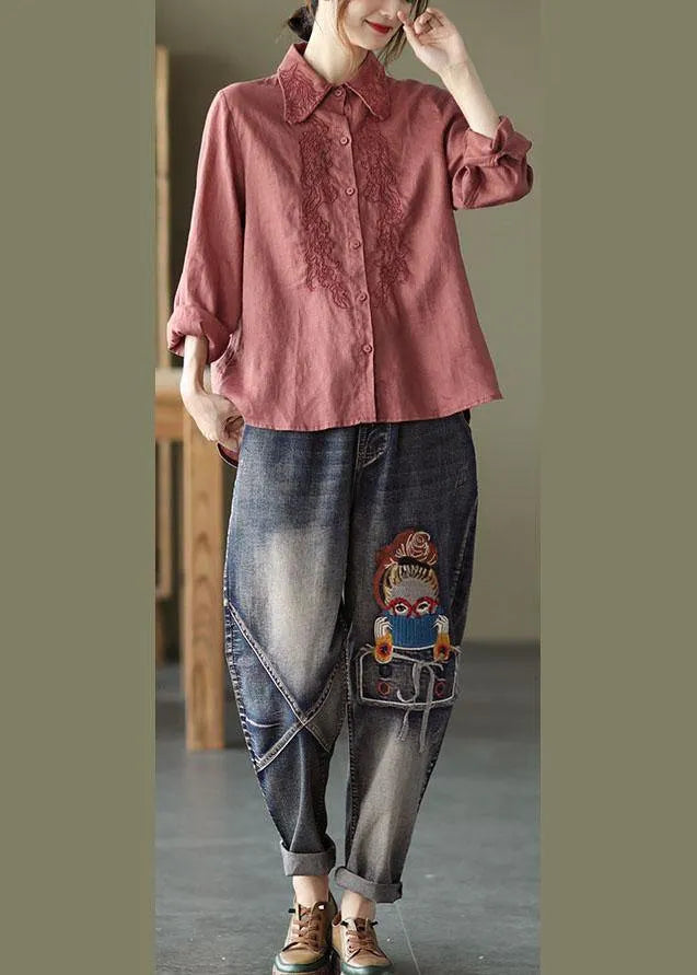 French Orange Retro Peter Pan Collar Button Fall Linen Shirt Tops Long Sleeve