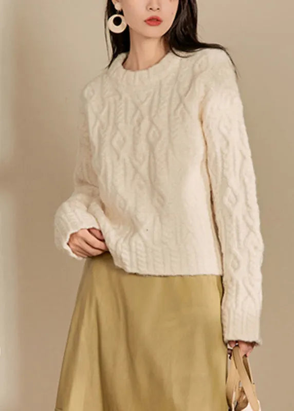 Natural Orange O-neck Cable Thick Cotton Knit Sweaters Winter