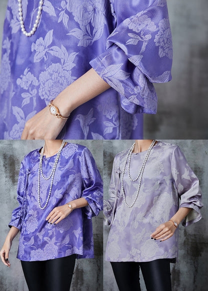 Purple Jacquard Silk Oriental Shirt Top Fall